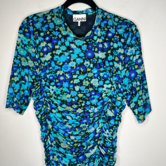 Ganni Azure Blue Floral Ruched Mesh Mini Dress Size Large/42 - Picture 4 of 9